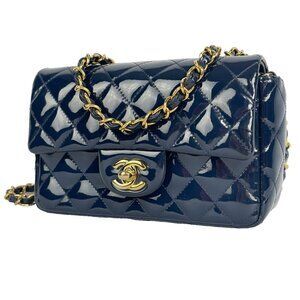 CHANEL Quilted Mini Rectangular Flap Navy Blue Patent Leather Gold Hardware CC